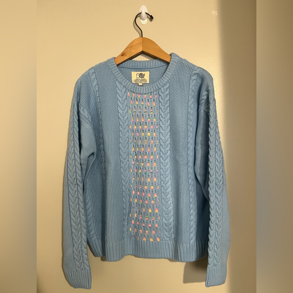 COOGI style women’s Light Blue Cable Knit Sweater with Multicolor Accents